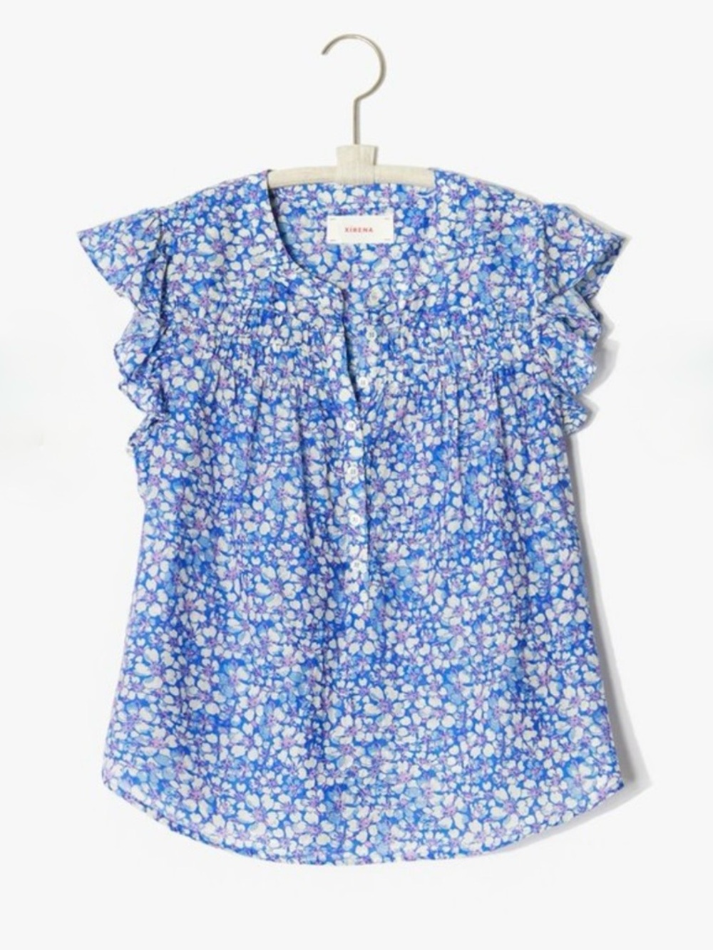 XiRENA Blue Floral Ruffle Sleeve Blouse